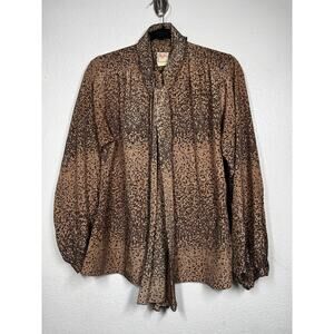 Vintage RD #2 Bow Tie Top Blouse Brown Black Geometric Sz M Long Sleeve